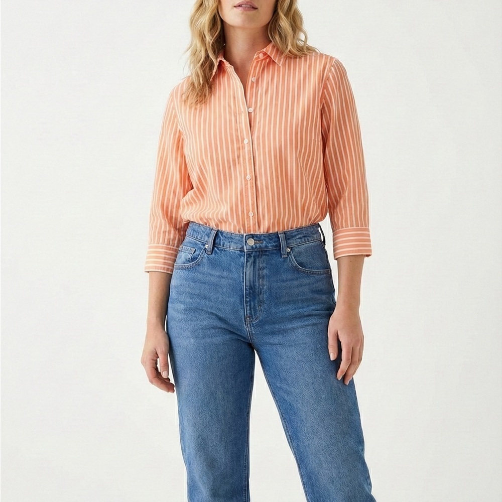 🍊 Lauren Ralph Lauren Orange Striped Button Down Shirt Small Cotton